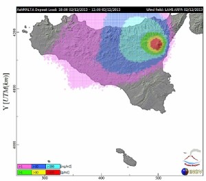 Deposito di ceneri vulcaniche previsto nelle prossime ore. Fonte INGV